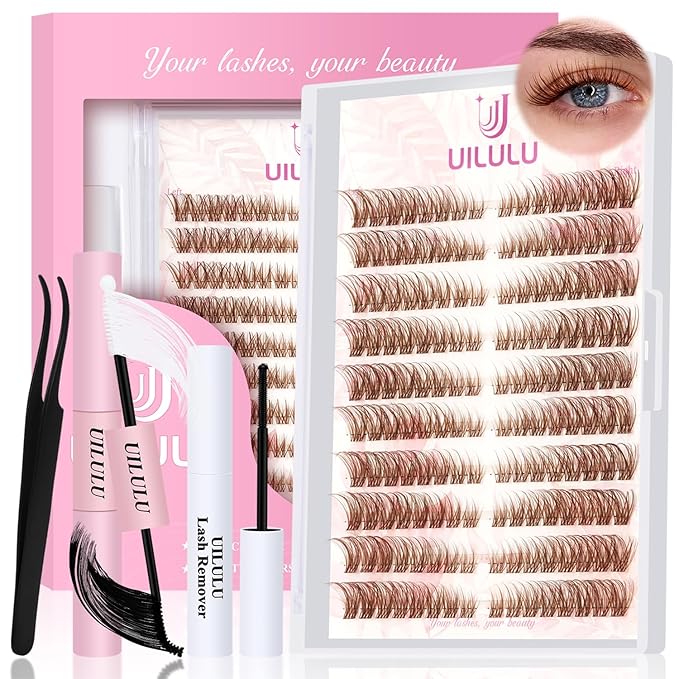 Brown Lash Clusters Kit Natural Lashes Extensions Wispy Eyelash Cluster 160pcs D Curl Left&Right with Bond & Seal, Glue Remover, Tweezers(U16 Lash Kits)