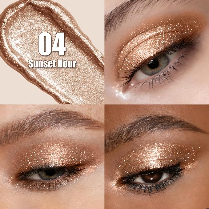 QIC Liquid Glitter Eyeshadow, Metallic & Shimmer Finish, Long Lasting, Non-Creasing, Smudge-proof, Lightweight Formula Liquid Eyeshadow for All Skin Tones, Buildable Color (04 Sunset)