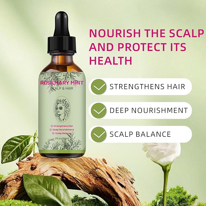 Rosemary Oil Hair, Rosemary Essential Oils for Hair Growth - Lightweight Non-Greasy Hair Serum to Nourish Scalp, Improve Dry Hair Texture, Includes Lash & Brow Applicators (2 FL Oz)