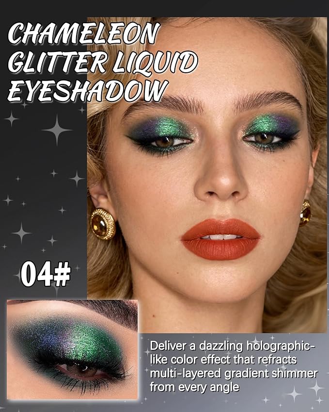 Glitter Liquid Eyeshadow, Chameleon Metallic Long-Lasting Eye Shadow, Holographic Multichrome Shimmer Eyeshadow, Colorful High Pigment Liquid Eye Shadow,Glow in the Dark Party Makeup Gift for Women-04