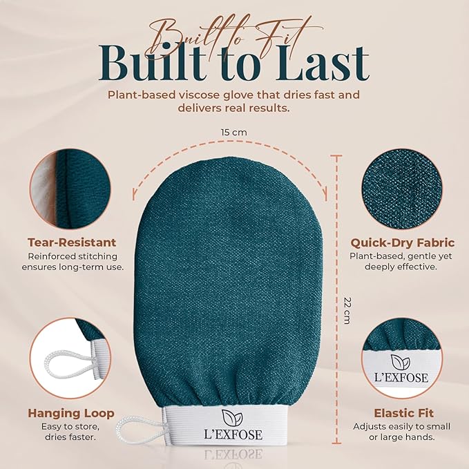 L'Exfose Kessa Hammam Deep Exfoliating Glove for Shower - Korean Exfoliating Mitt Body Scrubber Ideal for Dead Skin Remover, Keratosis Pilaris & Self-Tanning (Cyan Blue & Ivory)