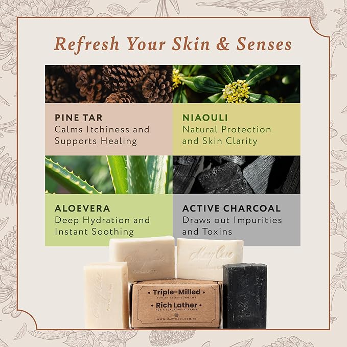 Mary Case Wellness Variety Bar Soap Set of 4 | Kojic Acid, Pine Tar, Niaouli & Aloe Vera Natural Soaps | Bath Soap for Men & Women | Hydrating, Soothing & Skin-Healing Bars