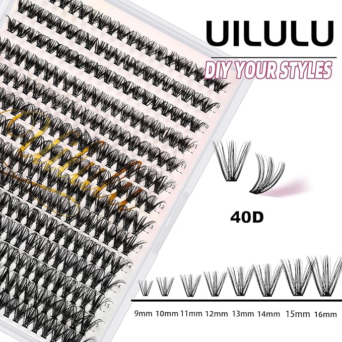 Uilulu Lash Clusters D Curl Individual Lashes 40D 0.07D 9-16 MIX 280 Clusters Lashes DIY Lash Extensions at Home False Lashes Wispy Eye Lash Clusters(40D, 9-16 mix)