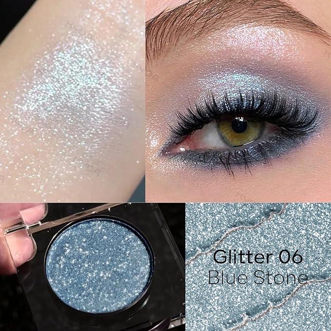 KYDA Single Glitter Eyeshadow, Cyan Blue Silver Eyeshadow, Lasting Blendable Shimmer Eyes Shadow, Sparkling Eyes Glitter, Soft Buildable Glossy Color, Wet Look Effect, Blue Stone