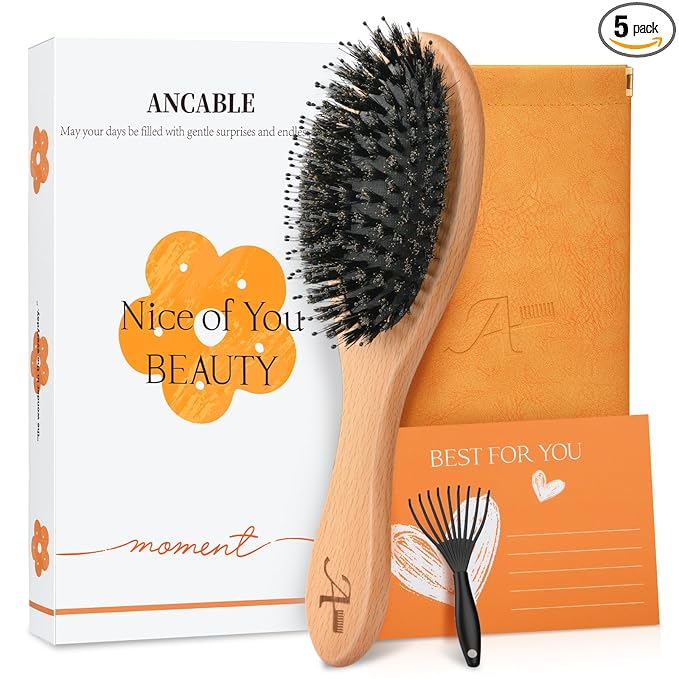Boar Bristle Hair Brush Gift Set for Women & Men, 100% Natural Bristle & Nylon, Reduces Frizz & Static, Gentle Detangling for All Hair Types Thick Thin Curly Straight, Regular Size