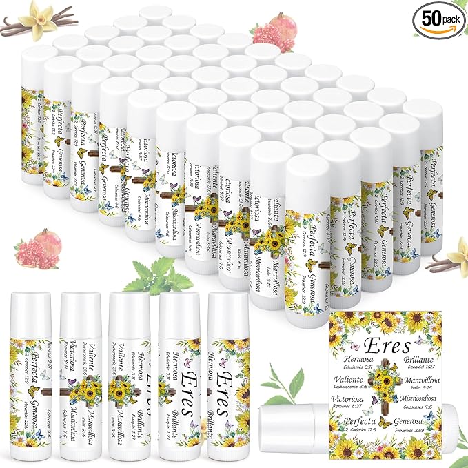 50 Pcs Christian Gifts for Women Spanish Religious Lip Balm Bulk Bible Verse Spanish Mother's Day Gifts for Women Faith Religious Scripture Church Party Favor for Teacher Nurse Coworker Employee