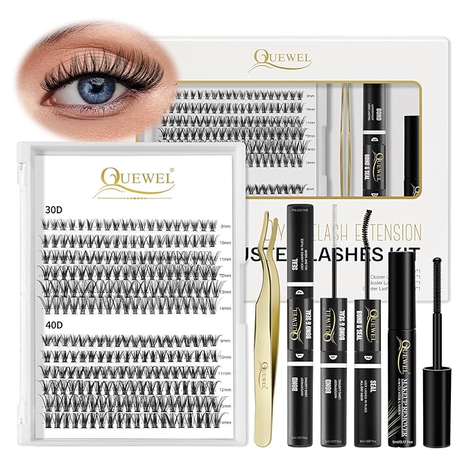 QUEWEL DIY Eyelash Extensions Kit, Lash Clusters 240 Pcs, Applicator Tool, Bond and Seal Super Hold, Glue Remover Easy to Apply at Home(30D+40D D MIX8-14)