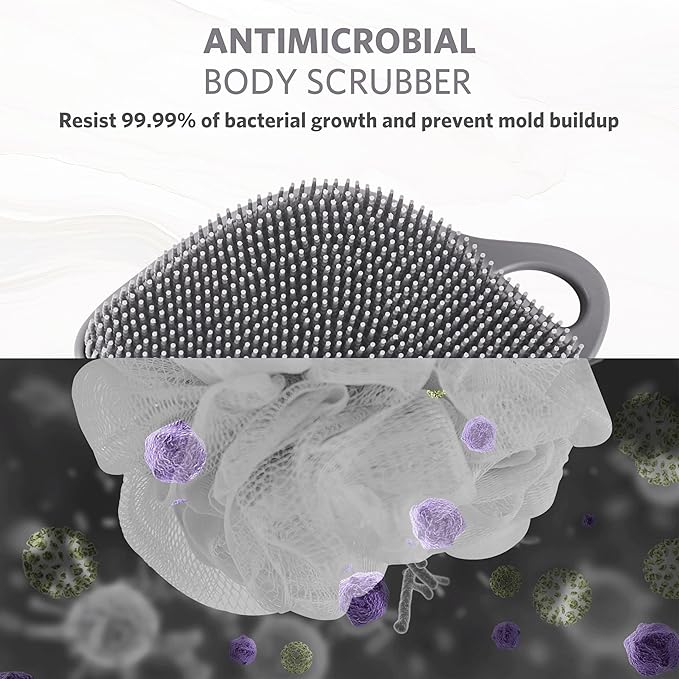 Sndyi Silicone Body Scrubber, Gentle Exfoliating Body Scrubber for Sensitive Skin, Leaf Shaped Shower Scrubber for Body with Lathering Bristles, Silicone Loofah Body Brush for Showering, Gray