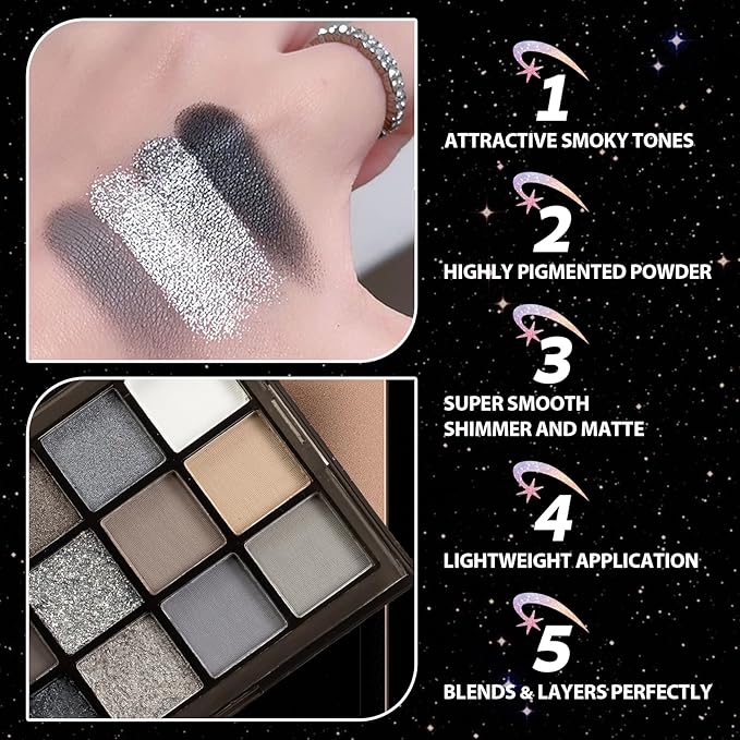 Black Smokey Grey Eyeshadow Palette, 15 Colors Shimmer Matte Eye Shadow Makeup Palette, Colorful Long Lasting High Pigmented Dark Grey Glitter Eyeshadow Palette for Daily,Goth Makeup and Halloween
