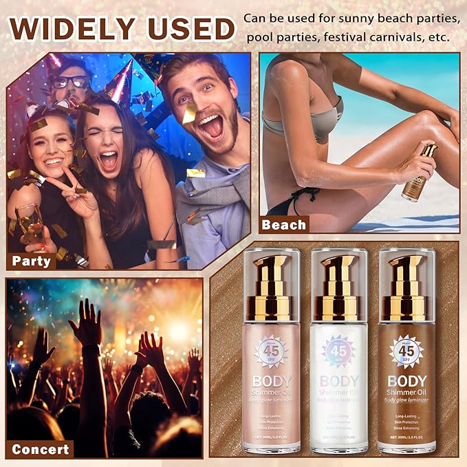 Shimmer Body Oil,Glitter Sunscreen,SPF 45 Broad Spectrum,Lightweight Moisturizing Body Glow Oil,Water Resistant,Glowing Results,01 Rose Gold