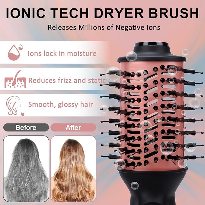 Dual Voltage Travel Hair Dryer Brush, Small Portable Ionic Powerful Blow Dryer, Drying Straightening Curling in One Step, Suitable for Women & Kids with Long Hair