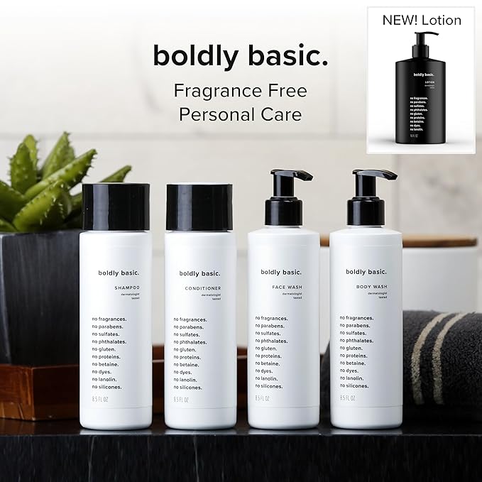 Boldly Basic Fragrance Free Lotion - Moisturizer for Dry and Sensitive Skin - Non Greasy - Unscented - Dermatologist Tested - No Sulfates, Parabens or Gluten - Travel Size 2 Pack (2.5 oz Each)