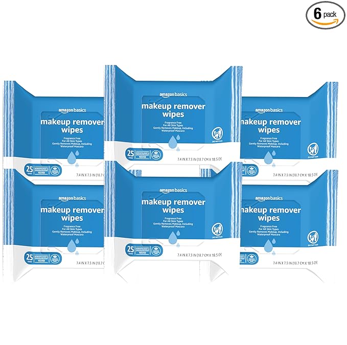 Amazon Basics Makeup Remover Wipes, Formulated without Fragrance and Alcohol-Free, Gentle Cleansing, Removes Waterproof Mascara, Dermatologist Tested, 25 Count, Pack of 6
