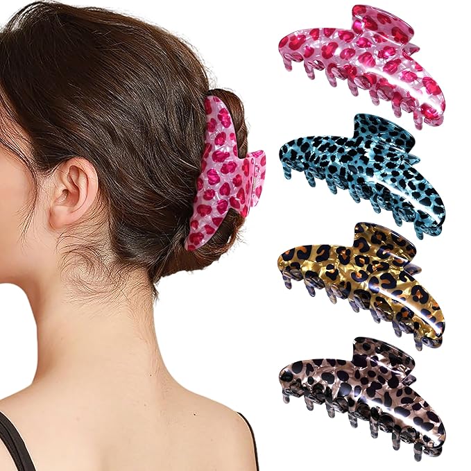 Mesovor 4 Pack Acrylic Hair Clips Claws, Nonslip 3.94" Large Hair Grip Hairclips for Thin and Thick | French Banana Barrettes Hair Strong Hold Hair Jaw Clamps (Pink Leopard)