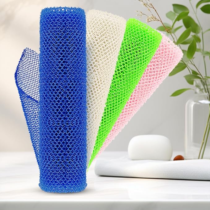 4 Pieces African Net Sponge – Premium African Net Sponge for Deep Exfoliation Quick-Dry and Reusable Mesh for Smooth Skin（Black Blue White Pink）
