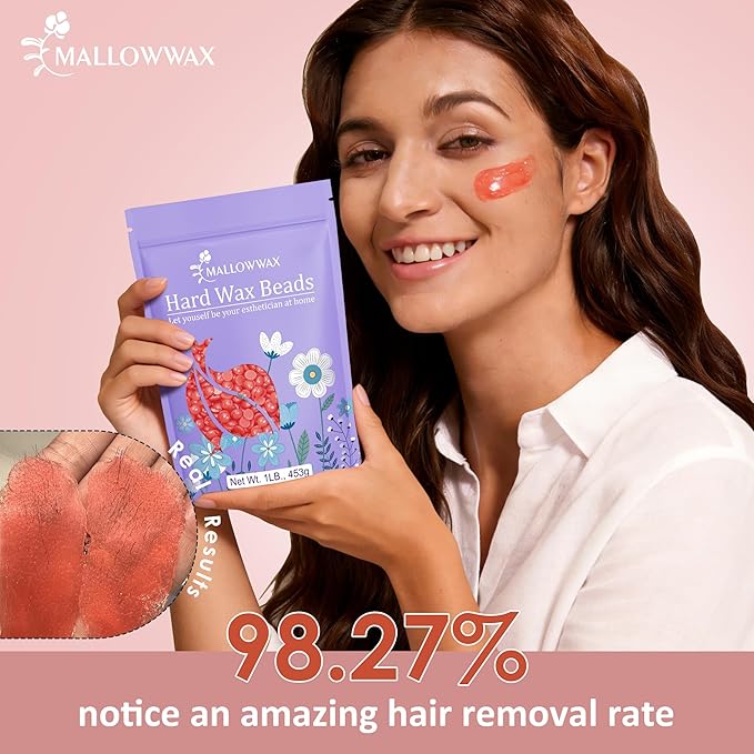 Mallowwax Hard Wax Beads, 1lb Strawberry Red Stripless Wax for Hair Removal, All-purpose Refill Wax Beans for Brazilian Bikini, Face, Eyebrows, Underarms, Chest, Back,Legs, Women and Men