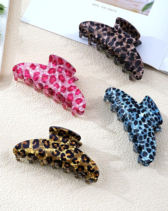Mesovor 4 Pack Acrylic Hair Clips Claws, Nonslip 3.94" Large Hair Grip Hairclips for Thin and Thick | French Banana Barrettes Hair Strong Hold Hair Jaw Clamps (Pink Leopard)