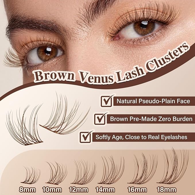JMS&JMS Natural Brown Venus Lash Clusters, Wispy Natural Invisible Band Eyelashes, Brown Soft False Lashes Natural Look