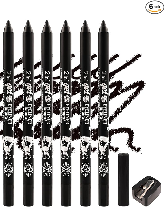 6Pcs Black Gel Eyeliner Pencil, Eye Liner Pencils Waterproof Smudge proof Long Wear, Matte Gel Cream Smooth Texture, Intense Color Waterline Eyeliner Pen Makeup with Sharpener, Delineador De Ojos
