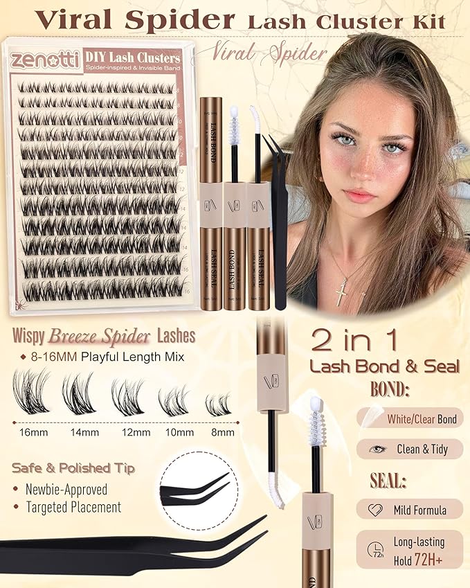 Spider Lash Clusters Kit Breeze Wispy Eyelash Clusters Kit Natural Venus Cluster Eyelash Extensions D Curl Invisible Band Fluffy Individual Lashes Salon Look for Daily Work&Parties 8-16mm by zenotti