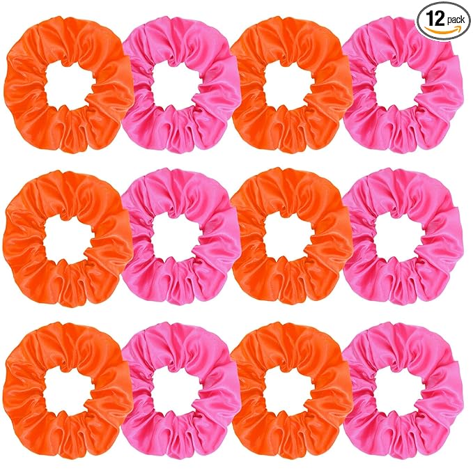 Silk Satin Scrunchies for Women Girls 12 PCS Pink and Orange Hair Scrunchies Silk Satin Hair Ties for Thick Hair Bulk Hair Ties Hair Accessories
