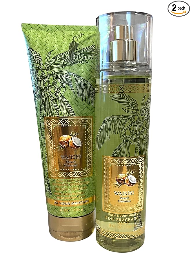 Bath and Body Works Lotion, Perfume Mist, Shower Gel Holiday and Tropical Fragrance Collection (Waikiki Beach Mist and Shea Cream, 2 Pc Set Full Size)