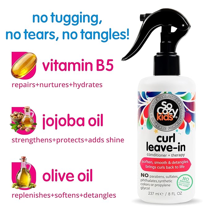 SO COZY Leave In Conditioner Spray (8 Fl Oz) Detangler for Kids' Curly Hair,Tangle-Free Curls,Gentle & Nourishing with Keratin,Vitamin B5,Olive & Jojoba Oil,Paraben-Free,(Pack of 4)