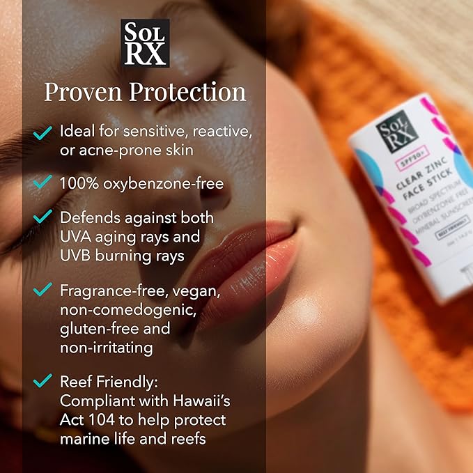 SolRX MINERAL SPF 50 Sunscreen Stick for Face - Zinc Oxide Sunsceen Stick, Clear, Non-Greasy