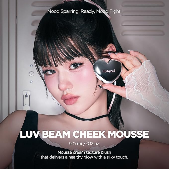 lilybyred Luv Beam Cheek Mousse | Heart-Shaped Korean Cream Blush, Airy Soft-Matte Texture, Soft-Focus & Pore-Blurring Finish, Seamless Buildable, Natural Flush, 0.13 oz. (02 Cherry Mousse)