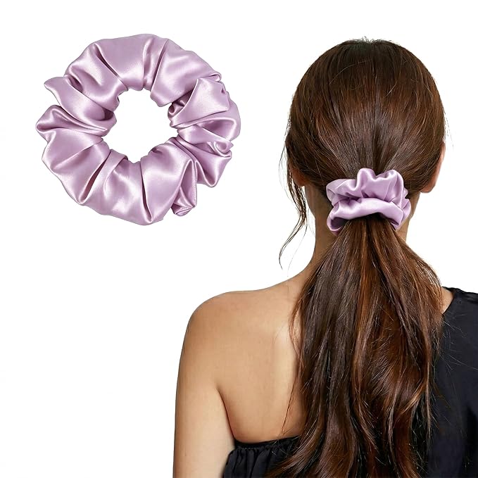 ZLYC 100% Mulberry Silk Scrunchie 19 Momme Gentle Creaseless Hair Tie for Women Dent-Free Ponytail Holder, 3.5cm Solid Light Purple