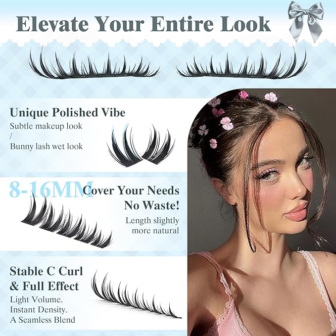 Manga Lash Clusters Wispy Lash Extension Kit 8-16MM Anime Lash Clusters Kit with Bond and Seal Lash Glue Natural Eyelash Clusters Kit 150Pcs C Curl Bunny Cluster Eyelash Extensions by JIMIRE