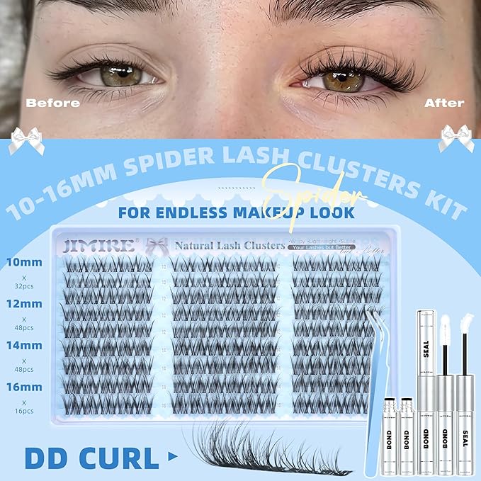 Spider Lash Clusters Kit Spider Lashes Clusters Wispy Fluffy Cluster Eyelash Extensions Kit Natural Look 10-16MM D Curl Manga Eyelash Clusters Kit with Lash Bond and Seal Breeze Lash Extensions Kit