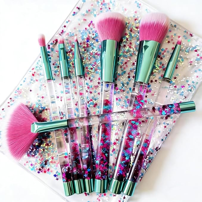 Glitter Makeup Brush Set for Teens, Unicorn Foundation Blush Fan Powder Lip Highlight Eye shadow Eyebrow Makeup Brushes Set with Liquid Flows for Girls Women Teen Kids Gift Present