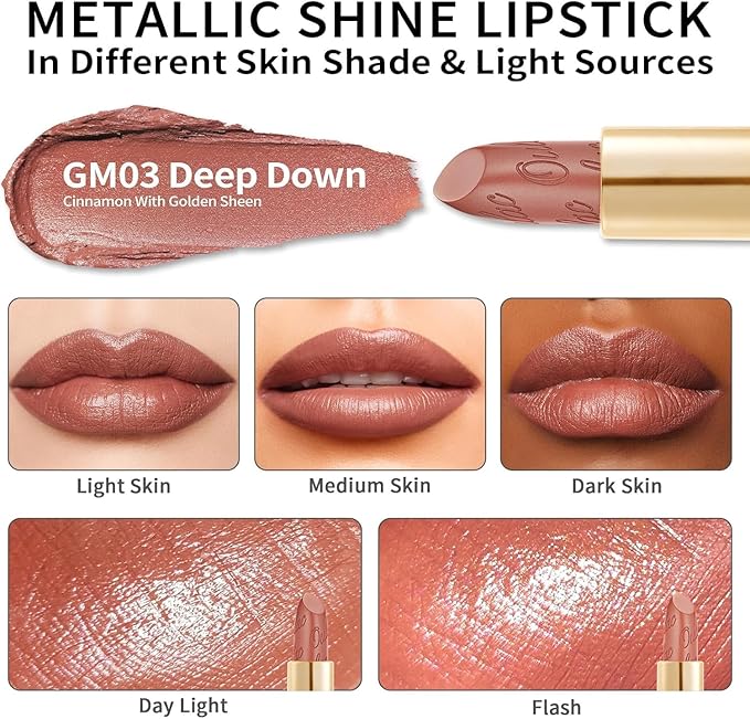 Oulac Matte Cinnamon Lipstick with Glow Metallic Finish - Vegan Lipstick for Women, Creamy Texture, Hydrating Clean Beauty Formula, High-End Magnetic Hook Design, GM03 Deep down