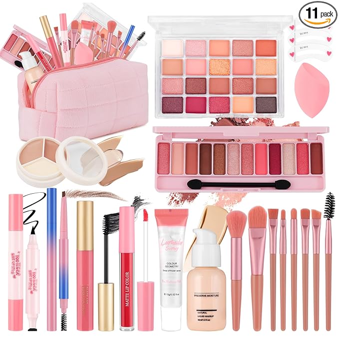 All In One Makeup Kit for Teen Girls Beginners with Foundation,Eyeshadow, Lipstick, Eyeliner, Mascara, Brushes, Bag, Travel Friendly MakeUp Gift Set, Birthday Gifts for Teen Girls, Graduation Gifts