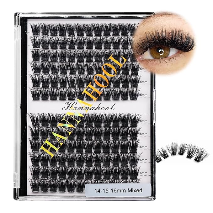 12rows-Large Tray Mixed 8-10-12-14-16mm/Mixed 14-15-16mm/Mixed14mm-16mm/Mixed 18-20mm Wide Stem Individual False Eyelashes Dramatic Black Cluster Eyelashes (Lashes Kit-14-15-16MM)