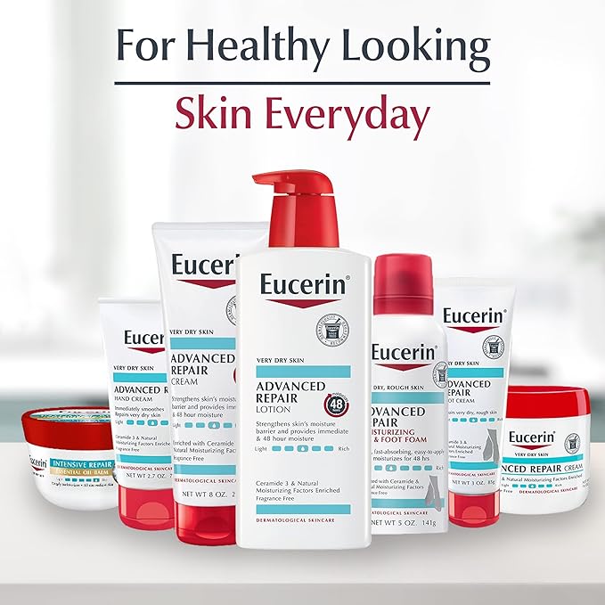 Eucerin Advanced Repair Foot Cream for Dry Feet and Heels, Repairs Very Dry, Rough Skin, Fragrance Free, Non Greasy, Fast Absorbing, Travel Size Lotion, 3 Oz Tube, Pack of 3