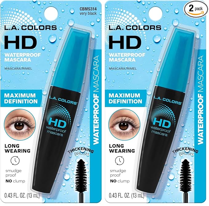 L.A. COLORS HD Waterproof Mascara, Very Black - Carded CBMS314 (Pack of 2)