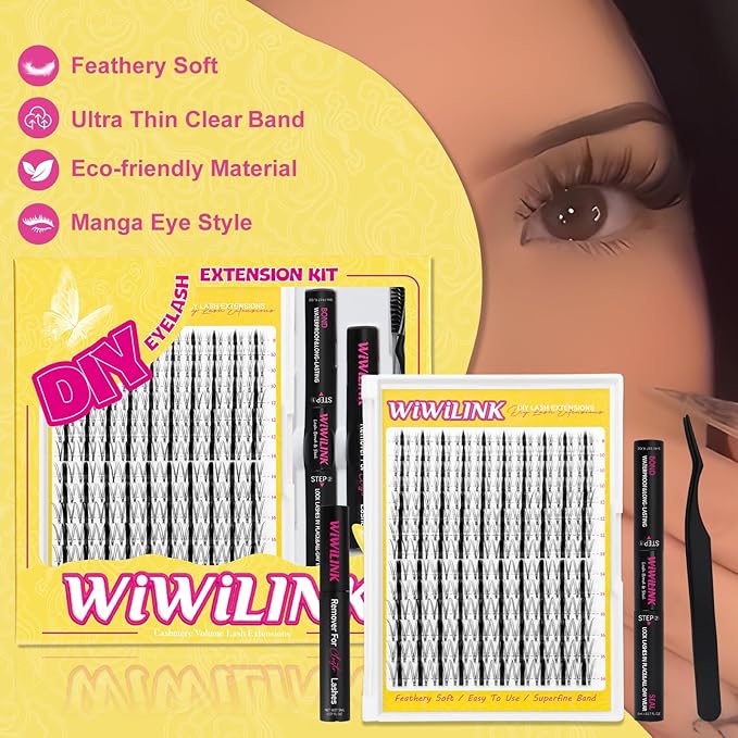 Lash Clusters Wanna Be Kit Fairy Eyelash Clusters 8-18mm Manga DIY Lash Extension Kit Waterproof Anime Lashes Clusters Invisible Band 0.3mm Individual D Curl Cluster Eyelash Extensions Kit