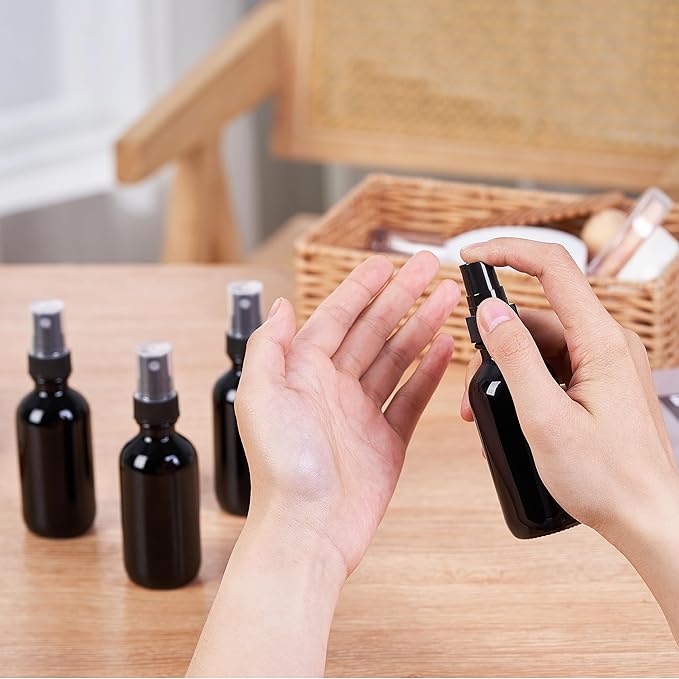 2 oz Glass Spray Bottles, Reusable Fine Mist Sprayer Small Spray Bottle, Leak-Proof Design, Perfect for Travel, Skin Care, Perfumes, Botanical, Cleansing (Black, 2oz-12pcs)