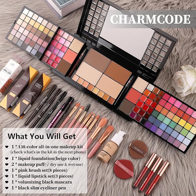 CHARMCODE Full Makeup Kit, Makeup Sets for Women Full Kit, All in One Make Up Gift Set for Girls & Women with Eyeshadow,Liquid Lipstick,Foundation,Mascara,Blush,Eyeliner,Contour,Brushes and More