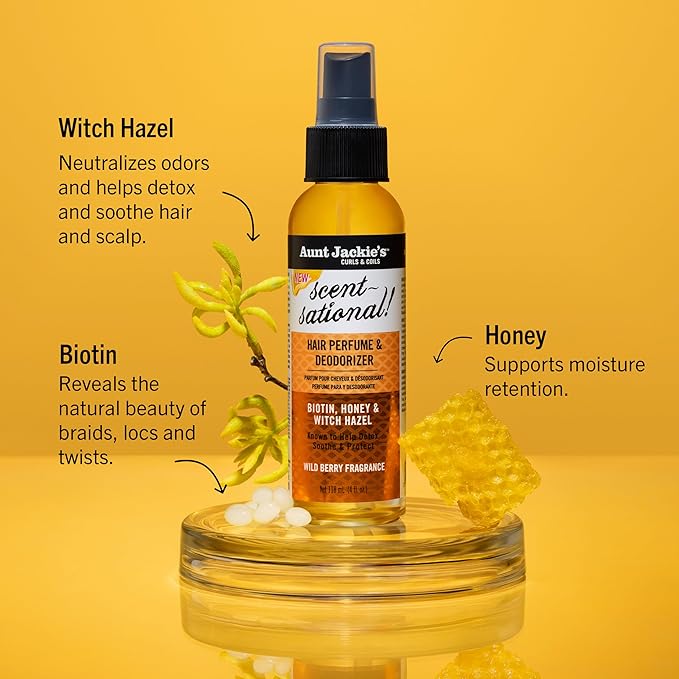 Aunt Jackie’s Braid + Twist Collection Scent-Sational Hair Perfume & Deodorizer – Neutralize Odors and Refresh Hair with Witch Hazel, Biotin, and Honey – 4 fl oz