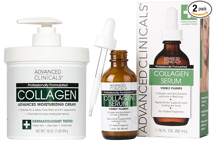 Advanced Clinicals Unscented Collagen Body Cream + Collagen Serum For Face 2PC Skincare Set | Face Serum & Body Lotion For Women & Men Helps Improve Look Of Wrinkles & Dry Skin, Fragrance Free, 2pc