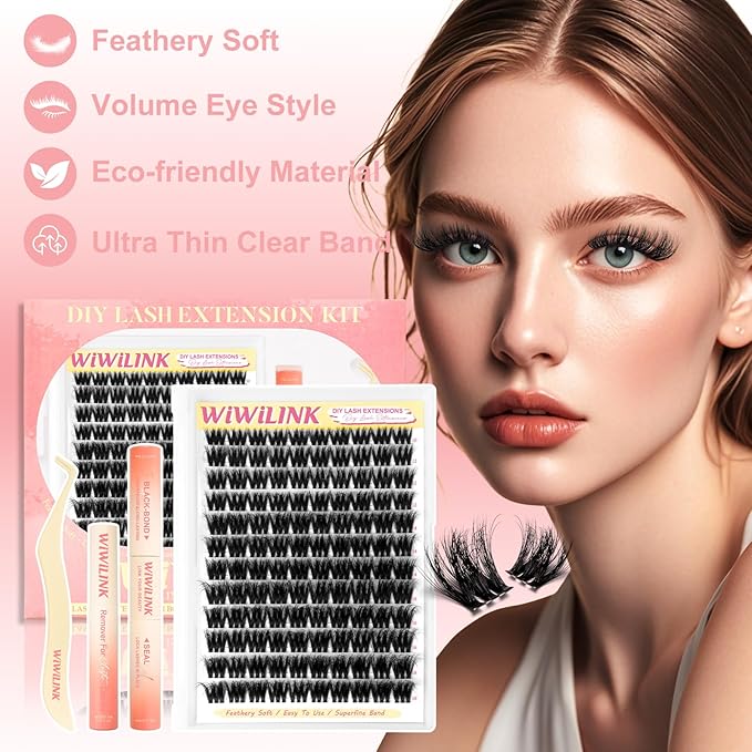 Volume Bomb Lash Clusters Kit 3D Layered Cluster Eyelash Extensions 10-18mm Fluffy Curl Eyelash Clusters 0.3mm Thin & Invisible Band Wispy DIY Individual Lashes Kit for Beginners