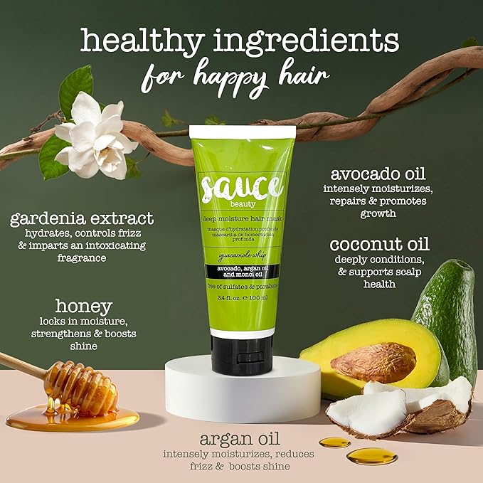 SAUCE Deep Conditioning Hair Mask for Dry Damaged Hair, Guacamole Whip (3.4 Fl Oz) Frizz Control with Avocado, Jarrah Honey, Monoi & Argan Oil, All Hair Types, Paraben & Sulfate-Free