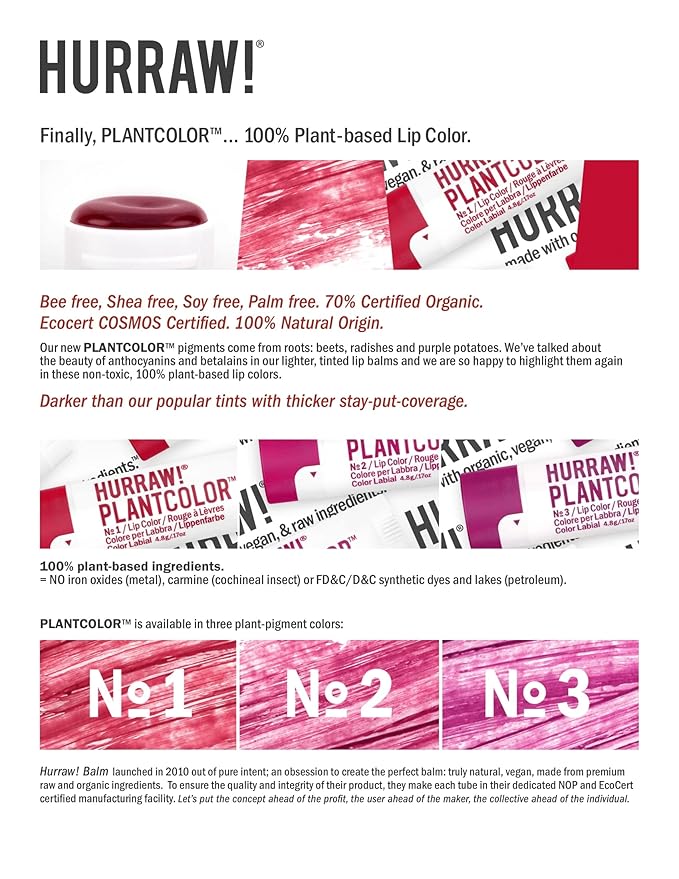 Hurraw! Plantcolor Lip Color No. 3: Pink/Purple shade. Highly pigmented tinted balm and lipstick alternative. Vegan and all-natural. Easy application. Buildable. First of its kind. Made in USA