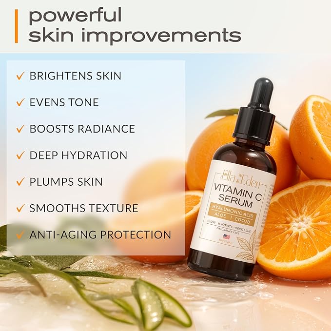 Ella & Eden Vitamin C Serum for Face - Hyaluronic Acid, Aloe Vera, Vitamin E, CoQ10 - Anti-aging, Skin Brightening - USA Made - Paraben-Free, Fragrance-Free, Suitable for All Skin Types - 1 Fl Oz