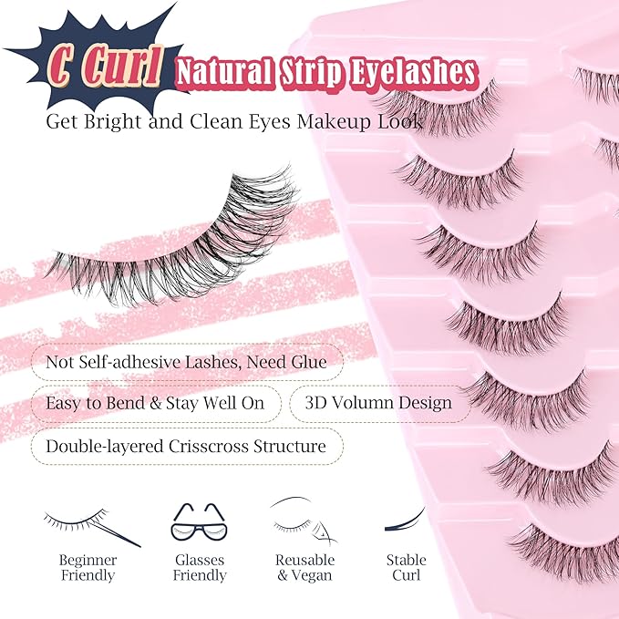 Lashes Natural False Eyelashes Wispy 13mm Eye Lashes Pack C Curl Fake Eyelashes 3D Volume Lash Strips with Thin Band Natural Eyelash For Daily Siligli 7 Pair