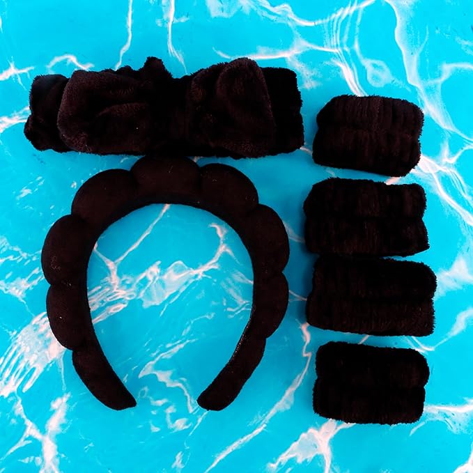 AOPRIE SPA Headbands for Washing Face Makeup Headbands with Bow Hair Band Women Facial Head Band Wrist Towel Wraps For Shower Face Mask Black 2 Style Black, 6 Pack