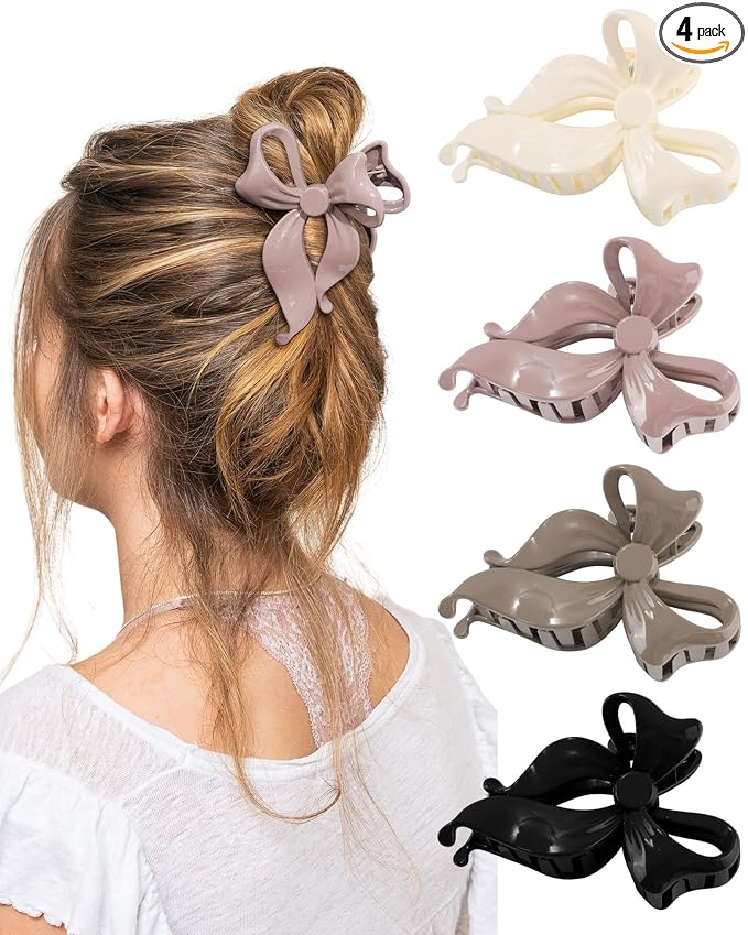 4 PCS Bow Hair Clips Bow Claw Clip for Women, Large Hair Claw Clips for Thin Thick Long Hair Cute Nonslip Bows(White+Black+Grey+Naked Pink)